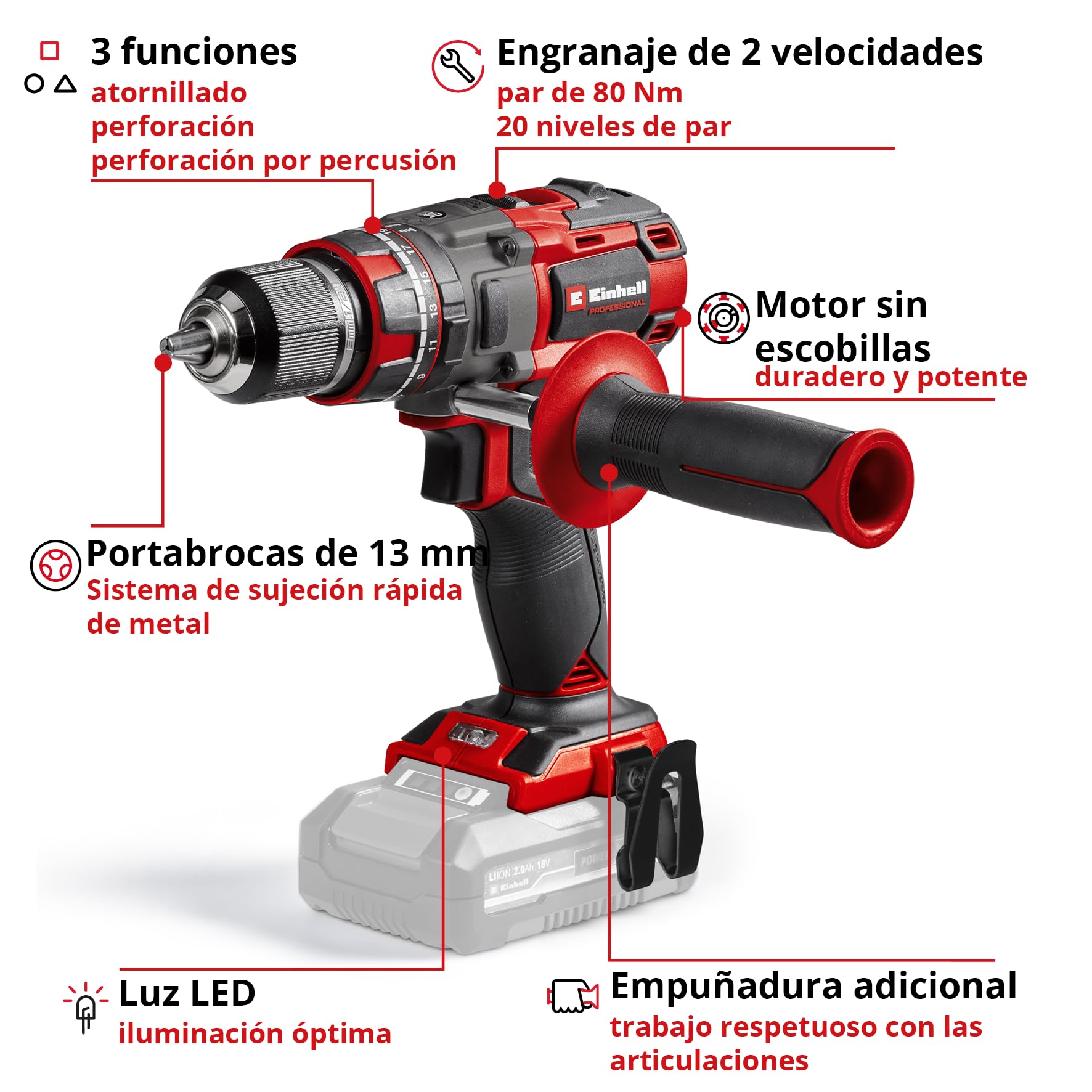 Einhell Taladro percutor con batería TP-CD 18/80 Li-i BL-Solo Professional Power X-Change (18 V, sin escobillas, 80 Nm, func. de perfor. por percusión, portabrocas de 13 mm, 2 velocid., sin batería)