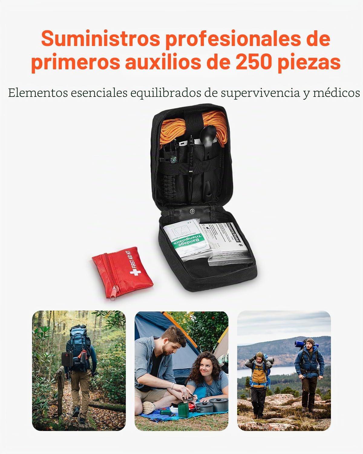 VEVOR Botiquín de Primeros Auxilios, Bolsa de Primeros Auxilios para Traumatismos de Nailon 600D 210 x 150 x 110 mm con 250 Piezas de Suministros Médicos para Deportes y Emergencias al Aire Libre