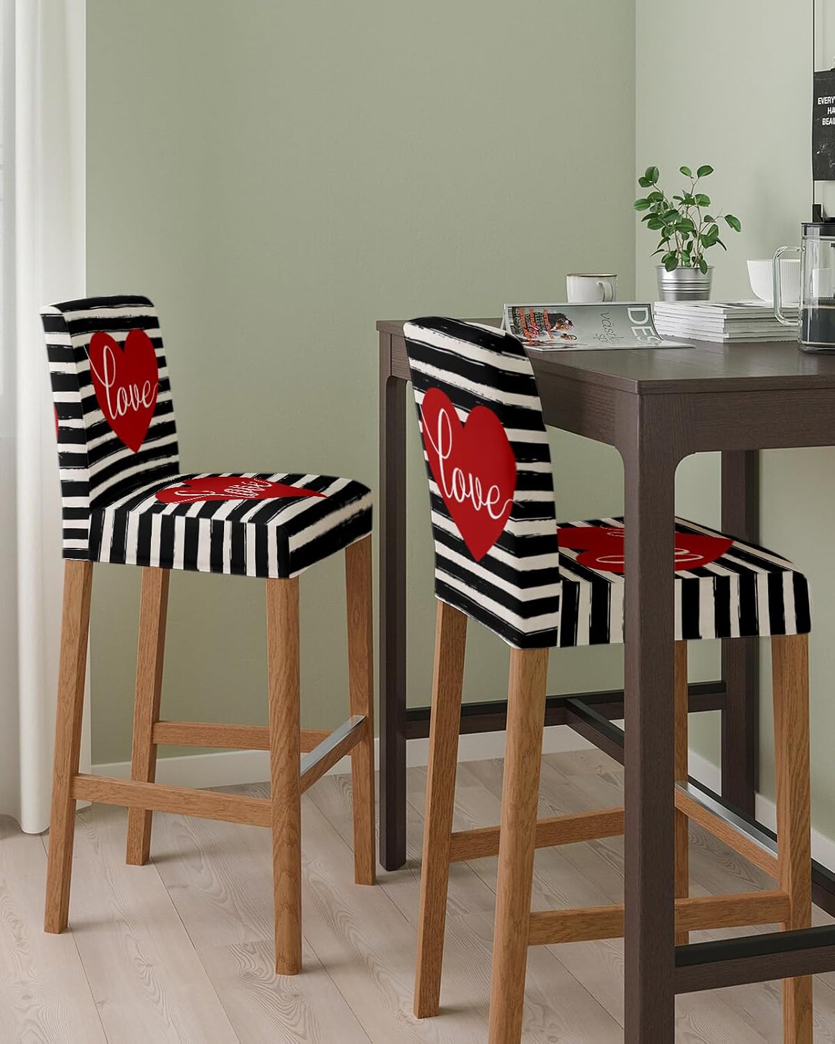 Bar Stool Covers with Backs, Stretch Washable Bar Stool Chair Cover Valentine's Day Red Love Heart Black White Stripe Slipcovers Counter Stool High Chair Covers for Pub, Dining Room, Cafe, Set of 6