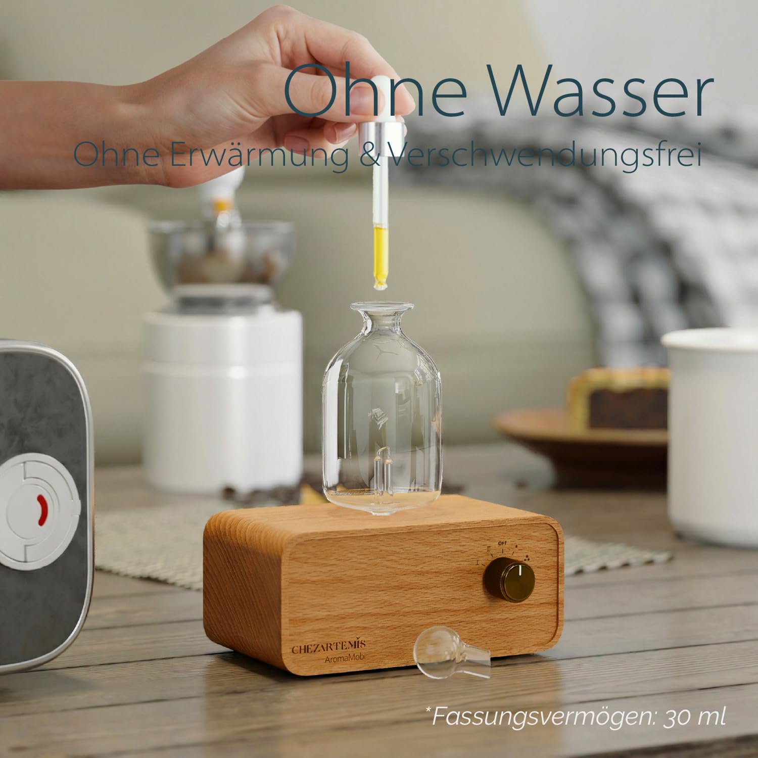 Aria Wasserloser Aroma Diffuser Kabellos für Aromatherapie | 30ml Glas Vernebler & Buchenholz, Plastikfrei und BPA-frei, 10 Tage Akkulaufzeit, Flüsterleise <30dB, Duftreichweite 60 m²