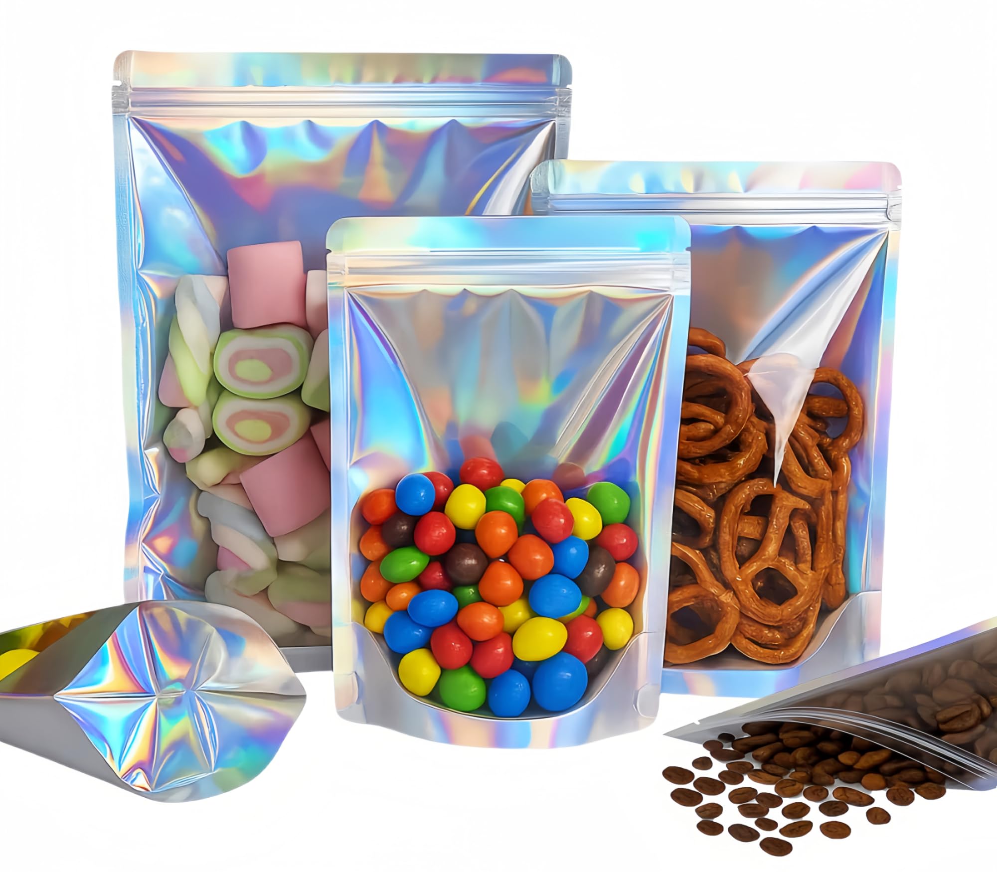 Plaphy 100pcs Holographic Stand-up Pouches with Clear Window (14 x 20 cm)