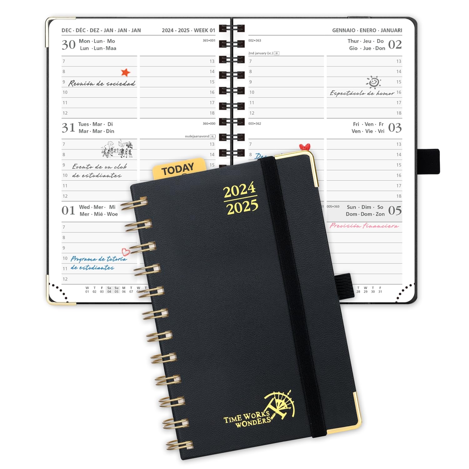 POPRUN Agenda 2024 2025 Pequeña 16 x 10,5cm,Tapa Dura Agenda Semana Vista A6, 17 Meses de Ago.2024 a Dic.2025, Regla de Plástico, 80 GSM Papel, Negro