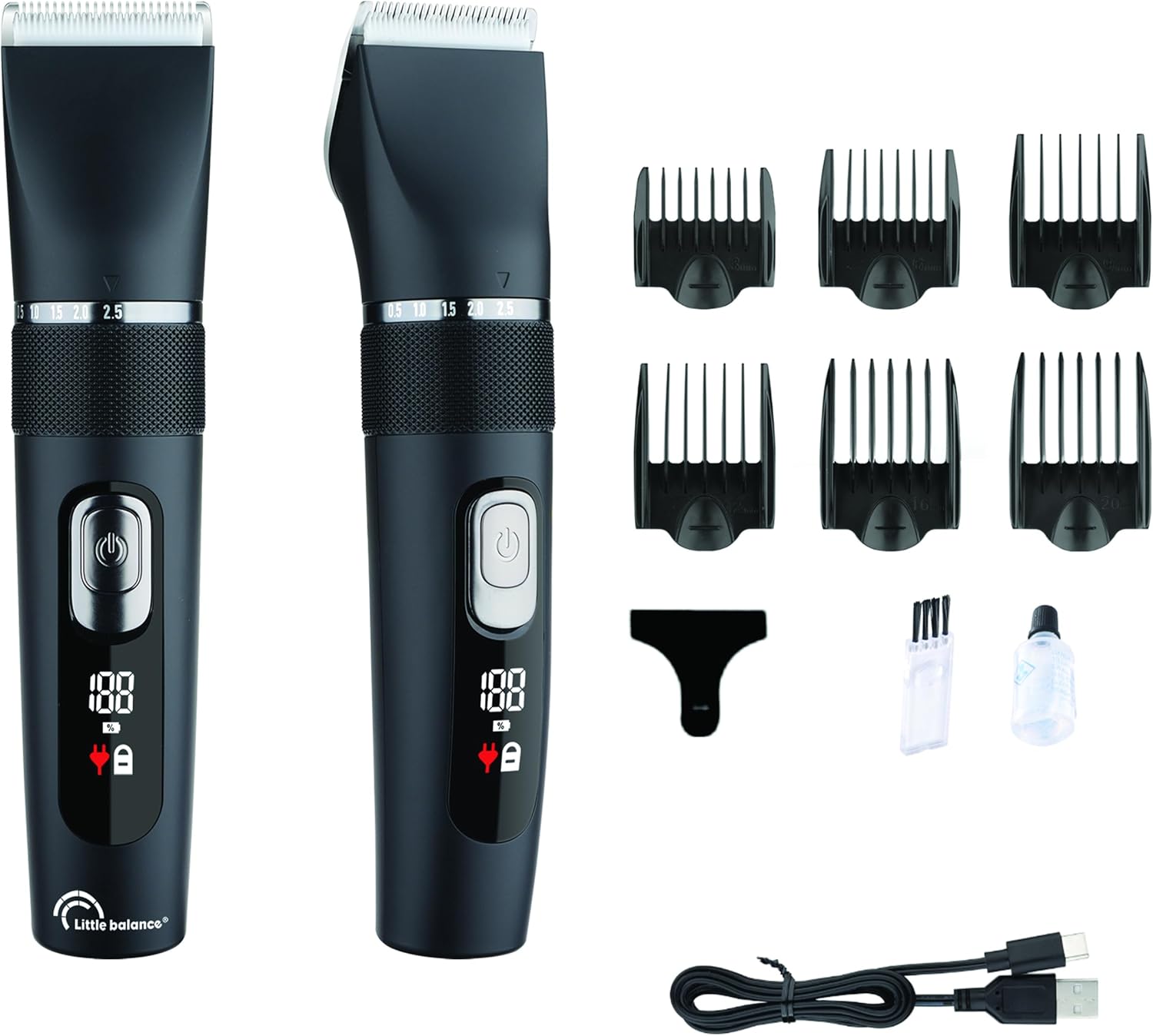 LITTLE BALANCE 8788 Pro Precision Men’s Hair Trimmer Running Time 2.5 Hours USB Charging LED Display Titanium Blades Removable Waterproof 6 Combs 5 Length Settings Black