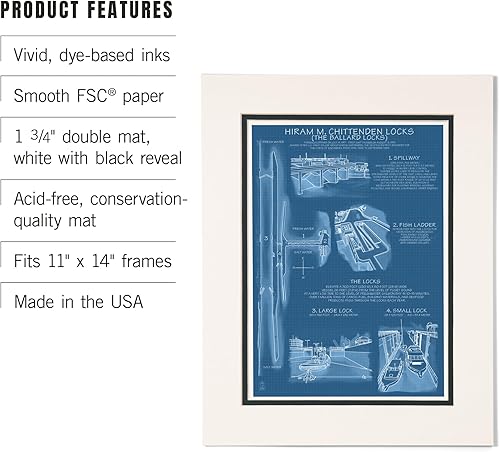 Miniatura 3 de Lantern Press 11x14 Inch Matted Art Print Wall Decor, Seattle, Washington, Ballard Locks Technical (Blueprint Version)