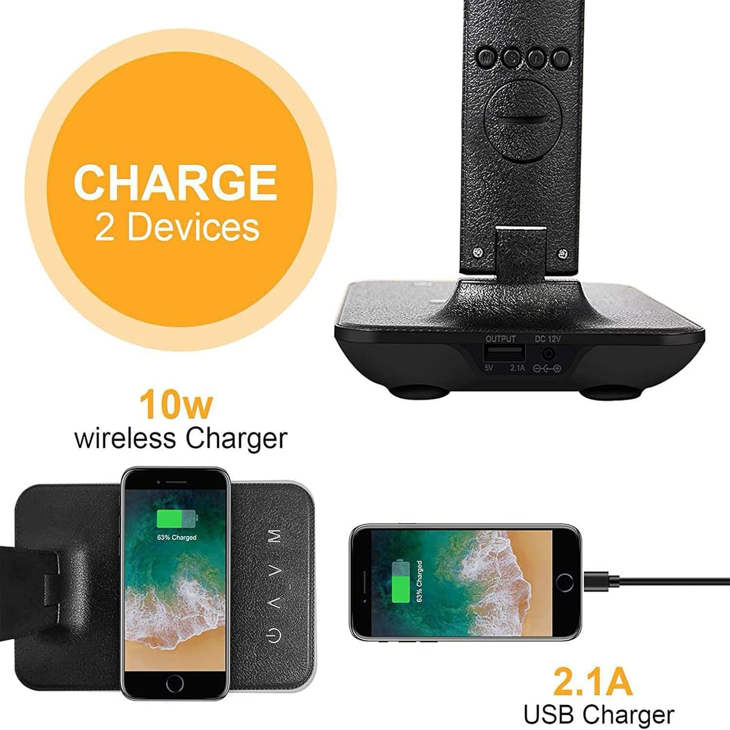 Image showing simultaneous wireless and USB charging of two devices.