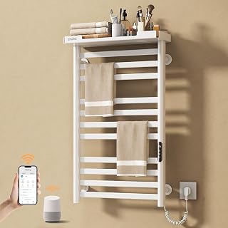 ENZE Smart Heated Towel Rack, 11-Bar Wall-Mounted Electric Towel Warmer with Shelf, Wi-Fi App Control, Adjustable Temperature & 24H Timer, Low Carbon Steel, IPX5, Plug-in/Hardwired, White