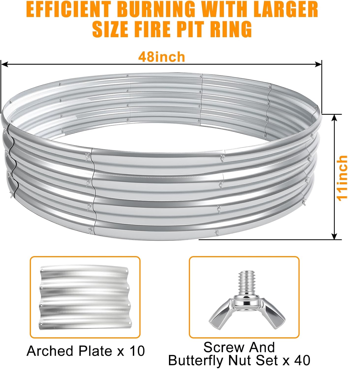 Heavy Duty 48 Inch Fire Pit Ring - 0.8mm Thick Galvanized Steel, Rust Resistant, Tool-Free Assembly, Large Outdoor Fire Pit for Camping, Backyard, Patio, Garden, Also Use as Planter