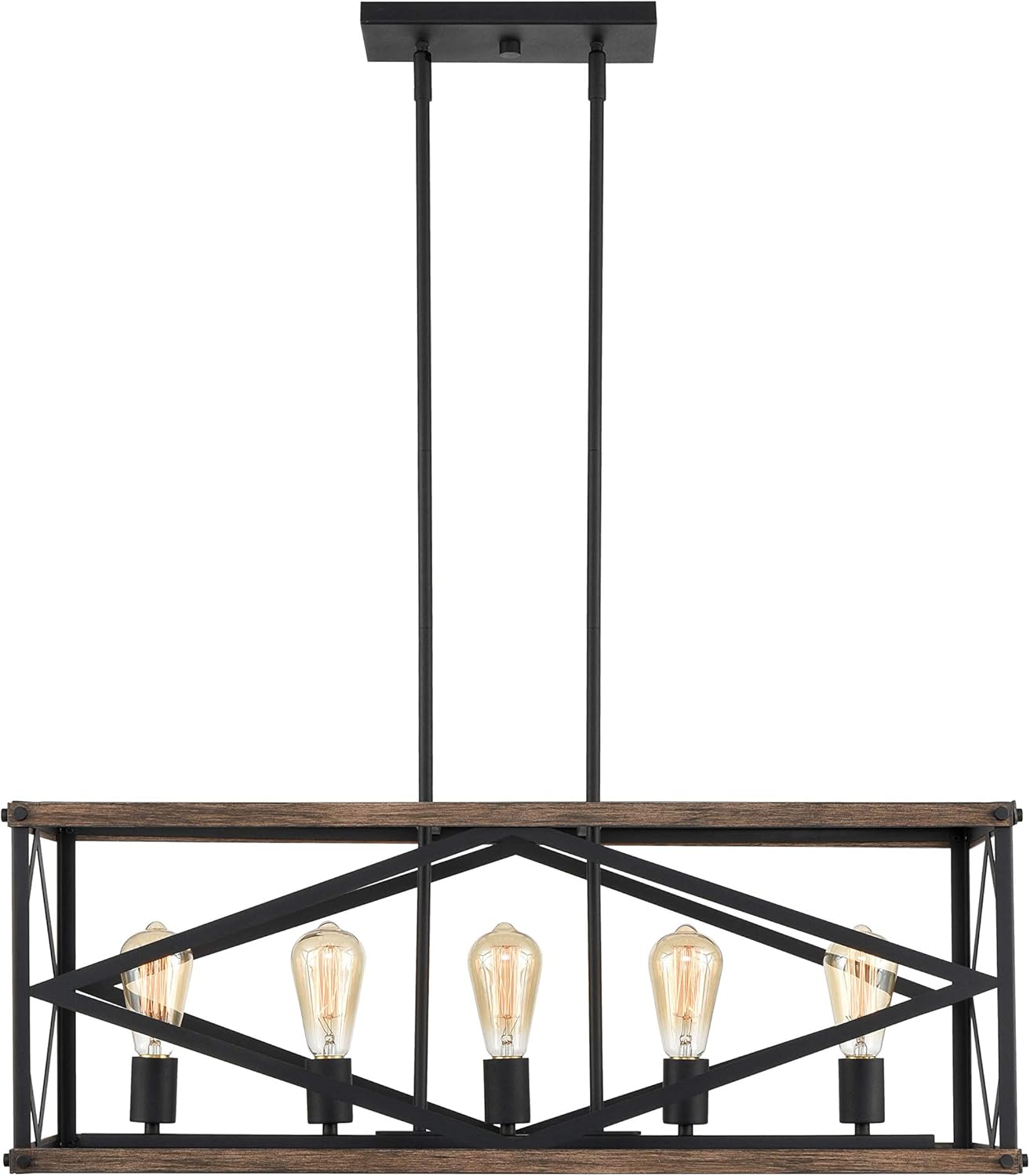 Hot Deals HUANXIN Farmhouse Island Lighting Rustic 5 Lights Linear Chandelier Metal Pendant Light with Wooden Finish Hanging Pendant Light Fixture for Kitchen Island Dining Room
