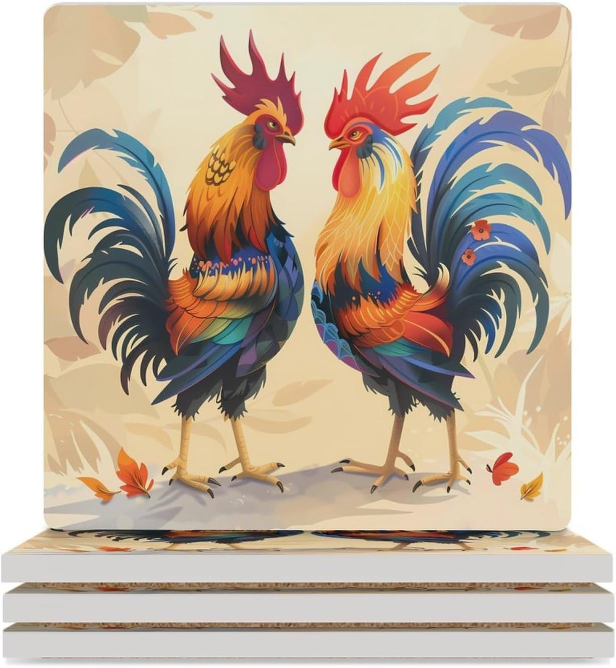 Fighting Morning Rooster Cock Coaster for Drinks Square Ceramic Table Coasters Stone Mat Crafts 6PCS Home Kitchen Decor