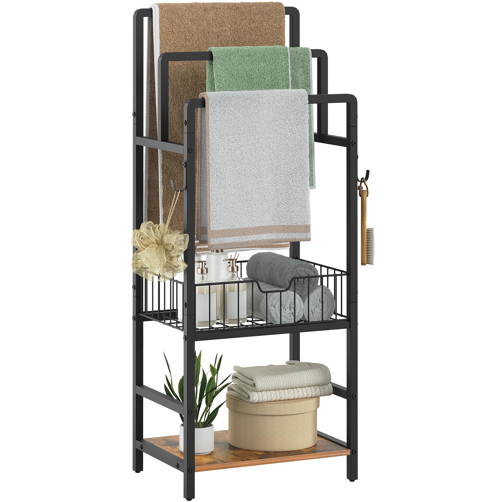 HOOBRO Porte-Serviettes sur Pied avec 3 Barres Métalliques, Panier de Rangement et Étagère, Porte-Couverture avec 1 Crochet, pour Salle de Bain, Buanderie, Marron Rustique et Noir EBF13LB01