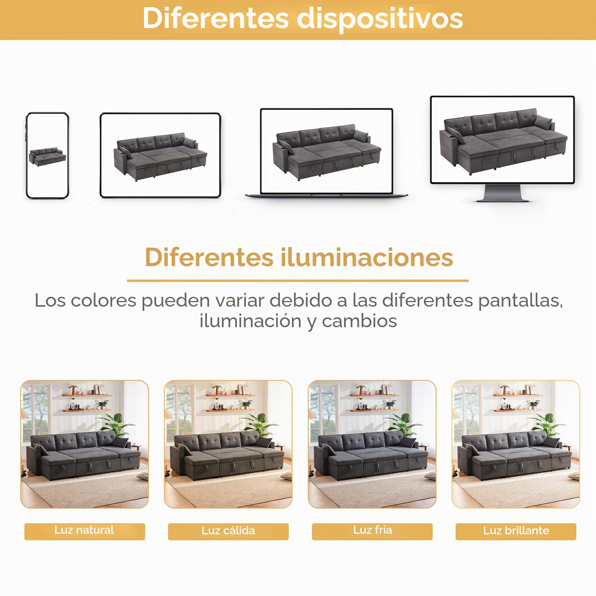 Soweiz Sofá cama tapizado, sofá cama con función de dormir, sofá en forma de U, tela de algodón y lino, con soporte para bebidas, dos espacios de almacenamiento, adecuado para familias, salón (gris)