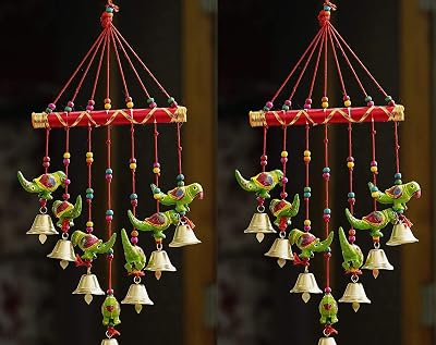JaipurCrafts Handcrafted Rajasthani Bells Birds Parrot Design Wood Door Wall Hanging Decorative Showpiece for Home and O