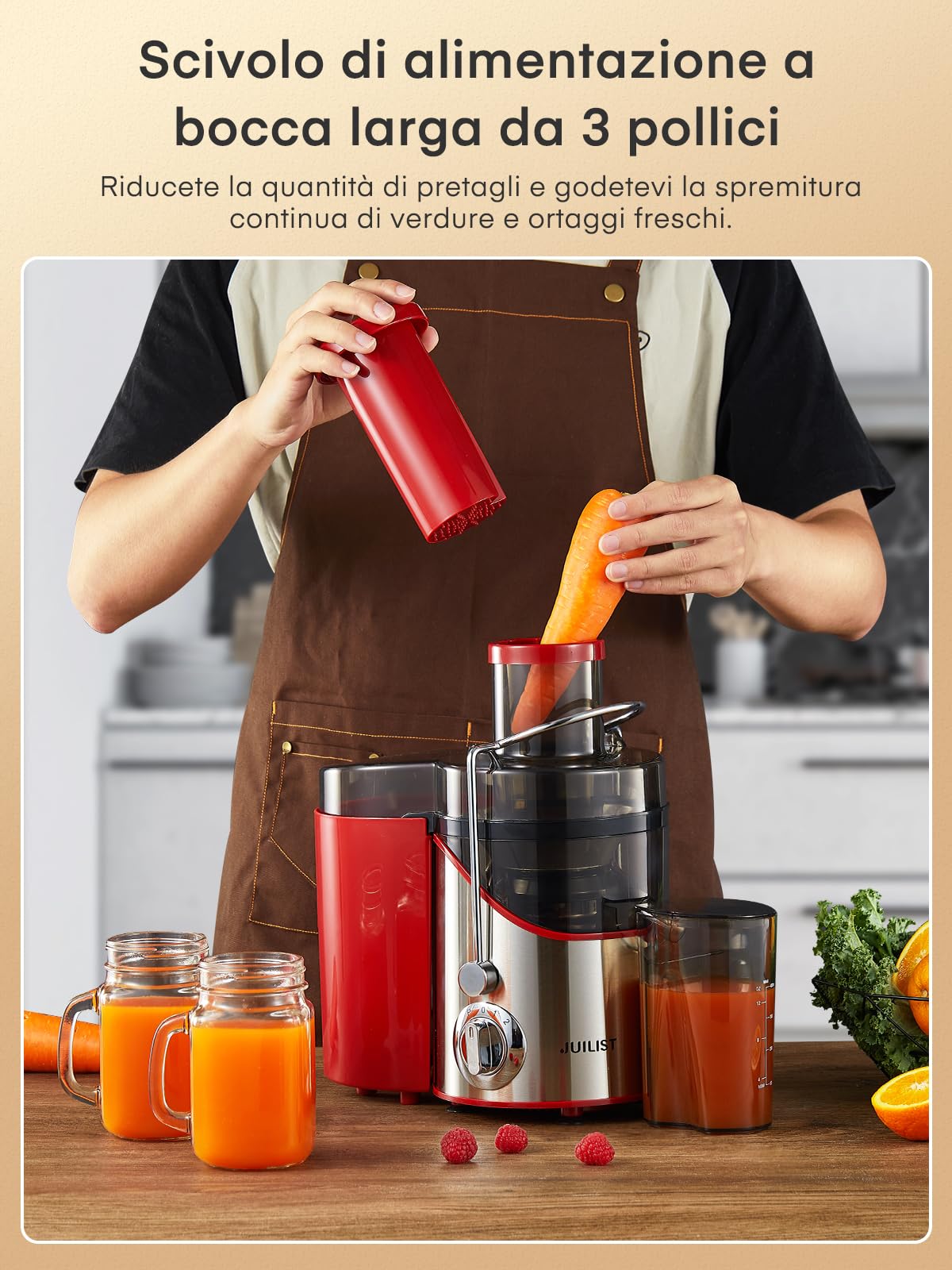 JUILIST Centrifuga Frutta e Verdura, Scivolo di Alimentazione da 65 mm, 3 Impostazioni, con Spazzola per la Pulizia, Facile da Pulire, Senza BPA, Rosso