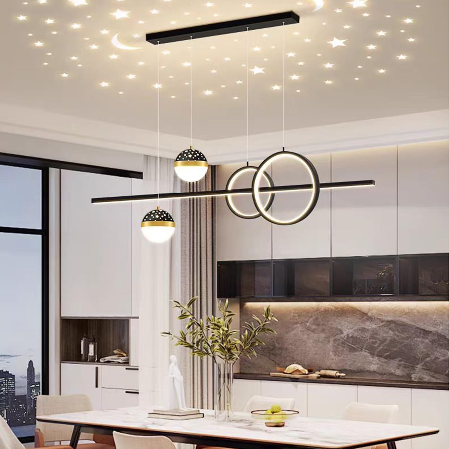 Aleaty Dining Table LED Pendant Lamp Dimmable LED Pendant Lamp Modern Pendant Lamp Height Adjustable Designer Pendant Lamp Dimmable with Remote Control Hanging Lamp Living Room Lamps (Black, 100cm)