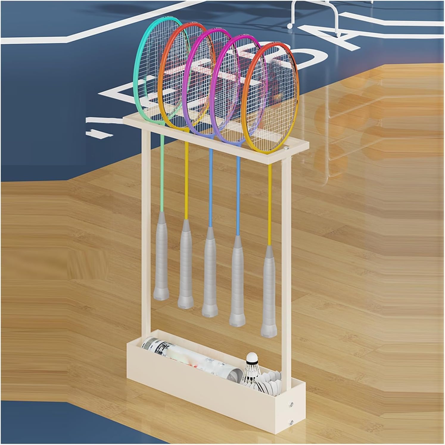 Support de Rangement pour Raquettes de Tennis et Badminton avec Panier Intérieur Métallique