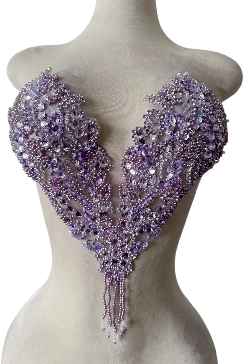 Pure Handmade Rhinestone Fringe Patch Trim Crystal Beaded Applique for Sewing Crafts Wedding Party Decoration Bridal Dress Accessories 14.5X14inches (Purple)