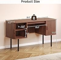 Vista 2 de ONBRILL 55 Inch Fluted Computer Desk with Charging Station, Mid Century Executive Desk with 2 Storage Cabinets, Modern Home Office Large Desk with