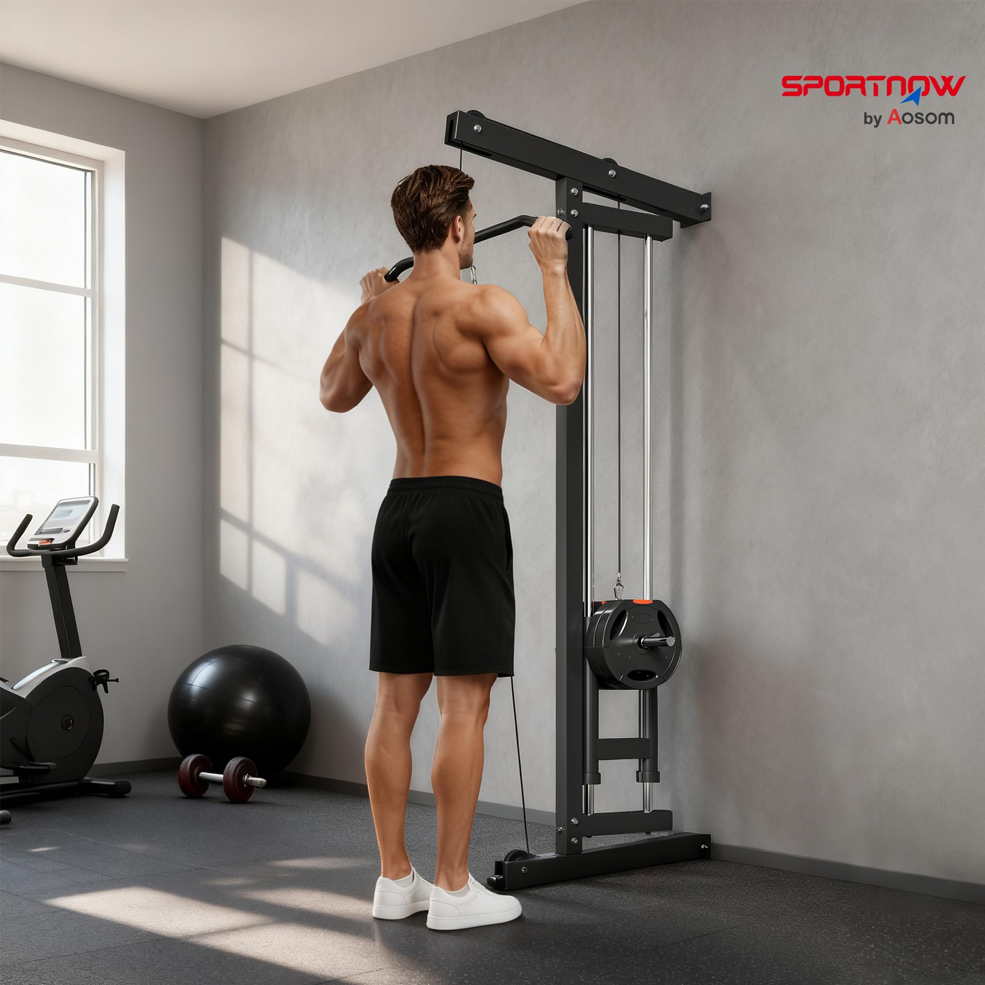 SPORTNOW Appareil de musculation mural, station de traction, station de musculation multifonction, poulie haute et basse, 2 poulies, barre de traction entraînement domicile, fitness, gym, maison, noir