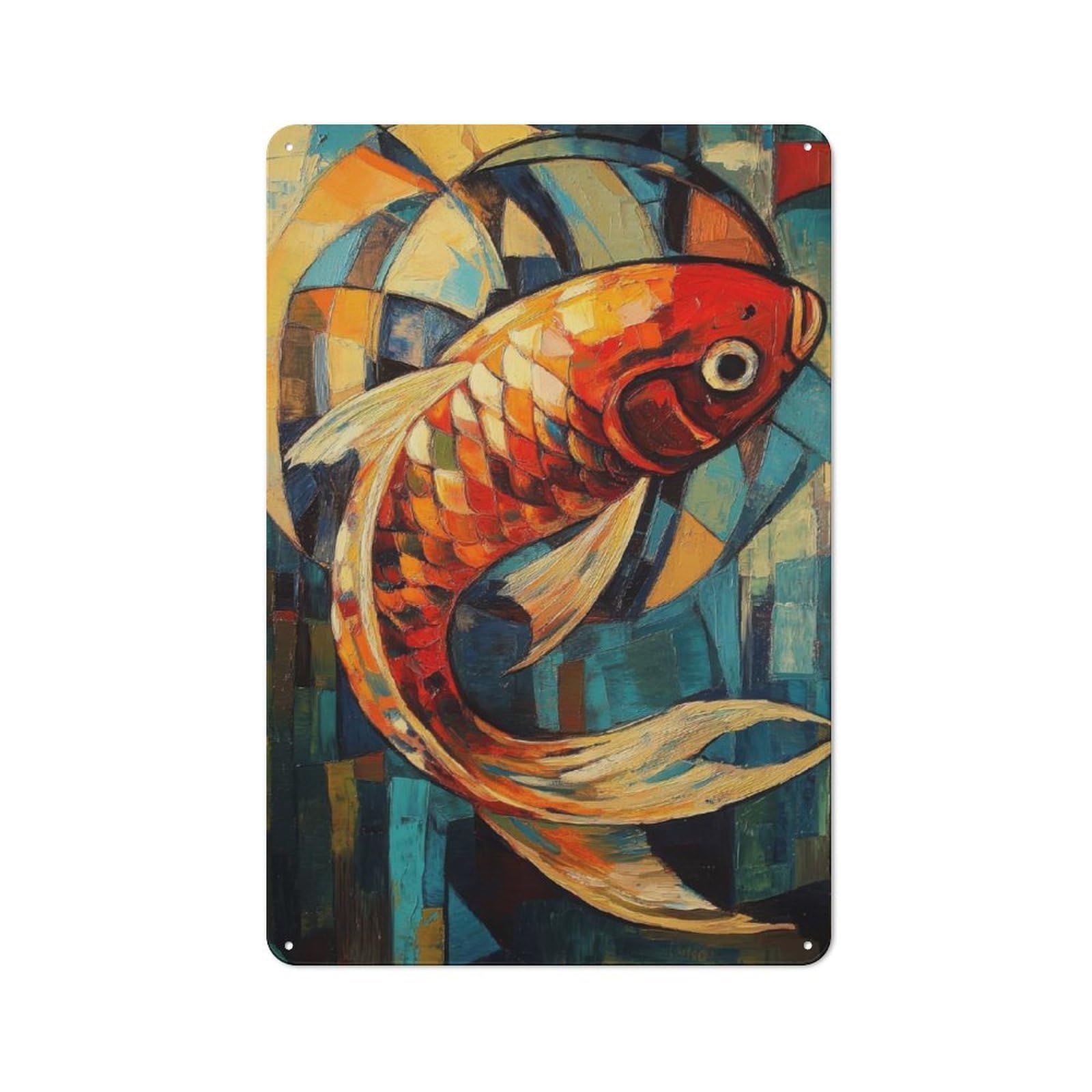 Tin Wall Plaque 30x20cm with Koi Fish Oil Painting for Kitchen Or Home Bar, for Metal Sign Collectors, for Cafés, Pubs And Restaurants