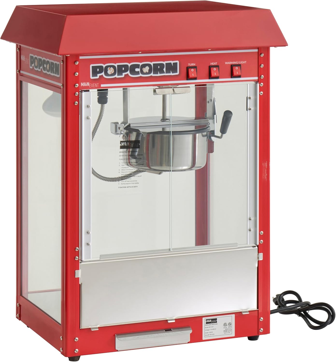 Kratos Commercial Popcorn Machine, 8 oz. Popcorn Popper, Large Cabinet, 120V, 1320W