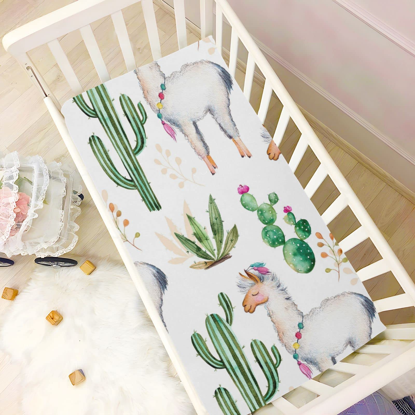 Spannbettlaken für Kinderbett, niedliches Lama-Kaktus-Muster, weich, atmungsaktiv, pflegeleicht, Spannbetttuch für Babybett und Kinderbetten