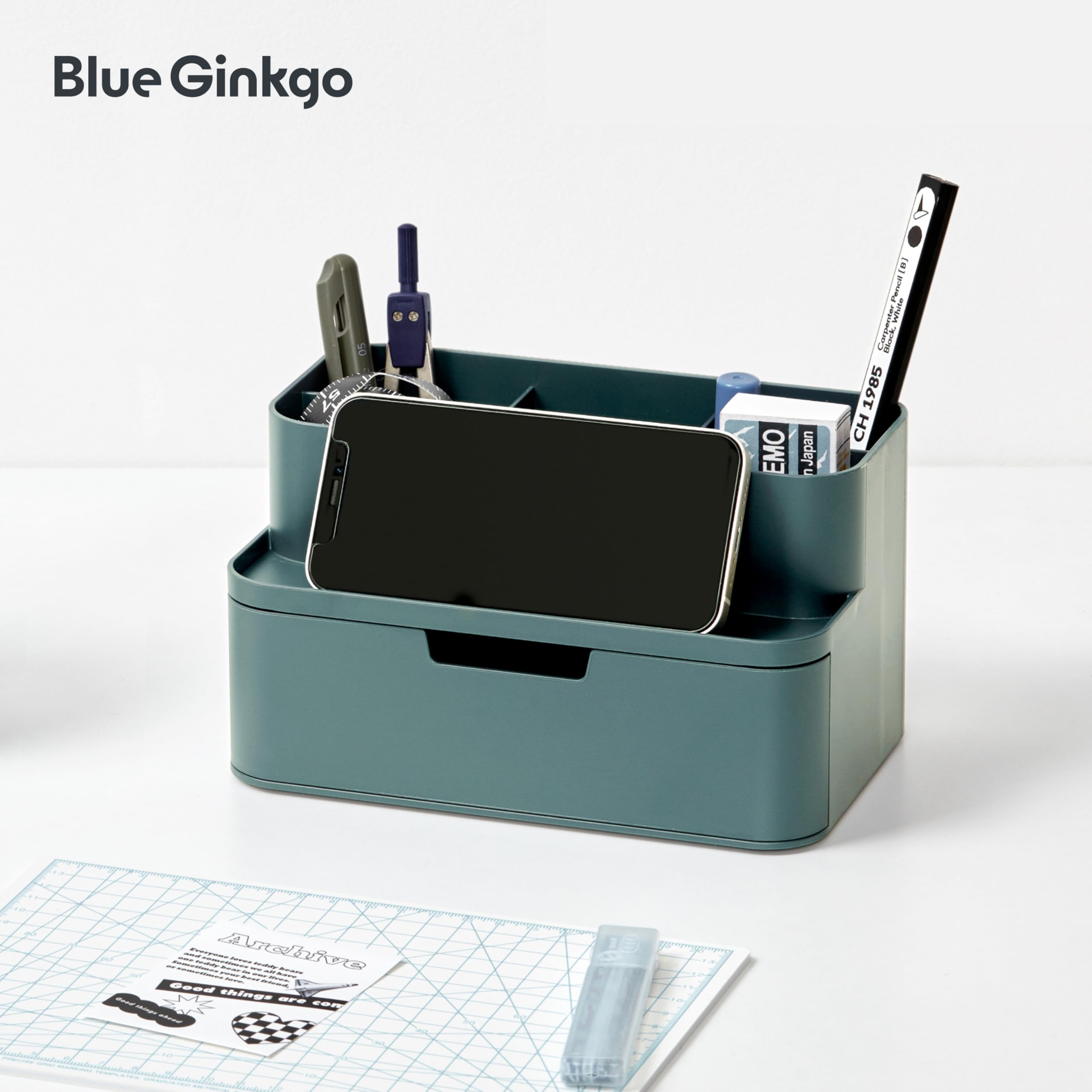 BLUE GINKGO Organizer Compatto da Scrivania 5 Scomparti Cassetto Parziale Verde Made in Korea