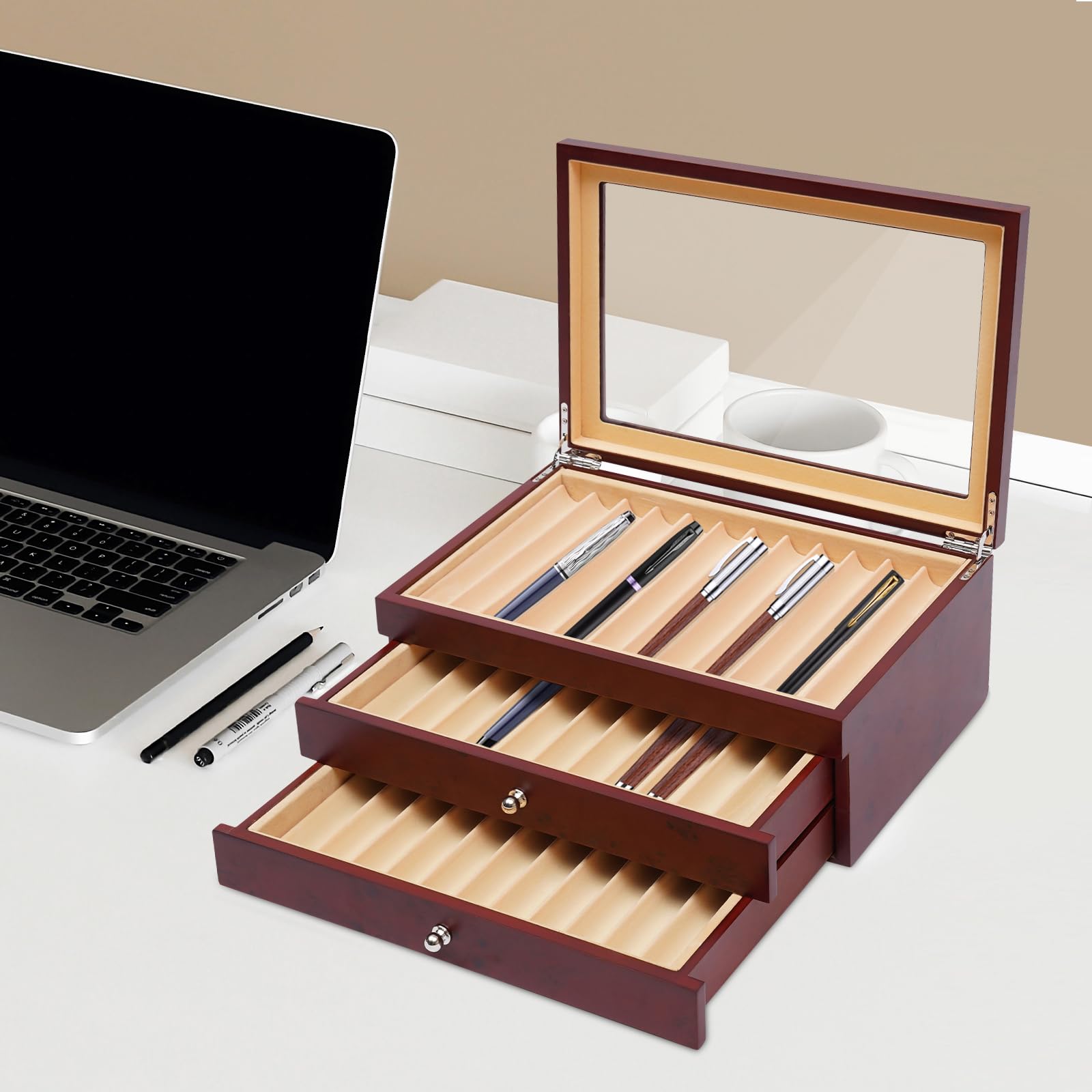 34 slot portapenne, scatola per display con parte superiore trasparente, vetrina a tre livelli, contenitore portapenne, scatola portaoggetti, in legno, 31 x 21 x 12,5 cm, rosso