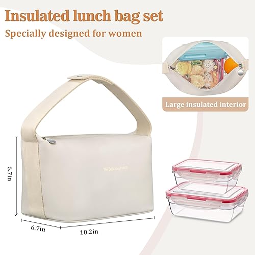 Miniatura 3 de Juego de bolsas de almuerzo para mujer, bolsa de almuerzo aislada de cuero para mujer, con 2 recipientes para lonchera, cuchara y bolsa de hielo, a