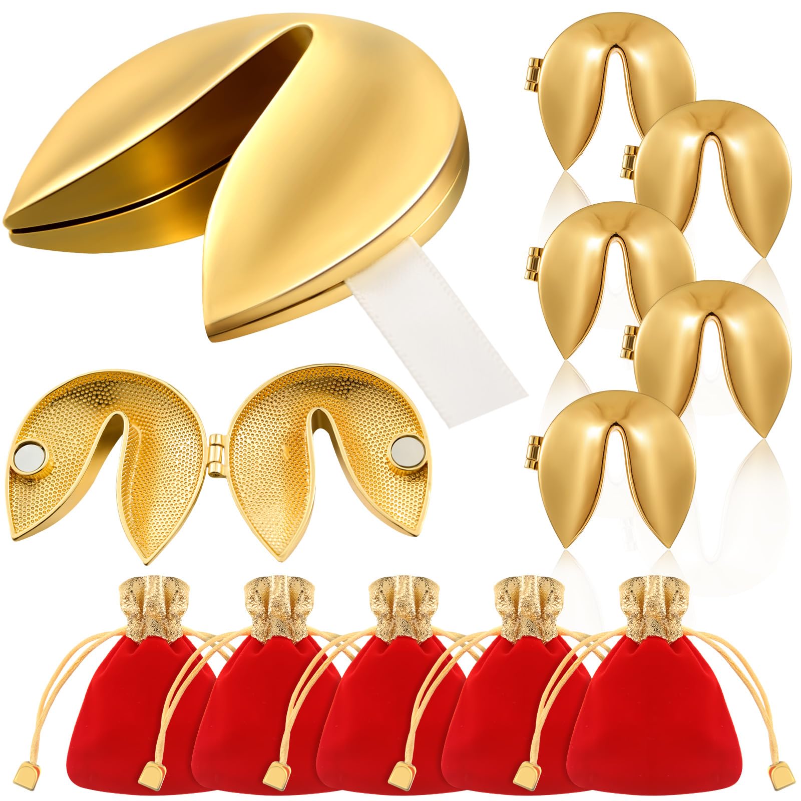 Photo 1 of Reallnaive 5 Set Gold Fortune Cookie for Wedding Metal Fortune Cookie Box Individually Wrapped Bulk Paper Message with Red Velvet Bags Kit for Birthday Weddings Decoration Christmas Couples Keepsake