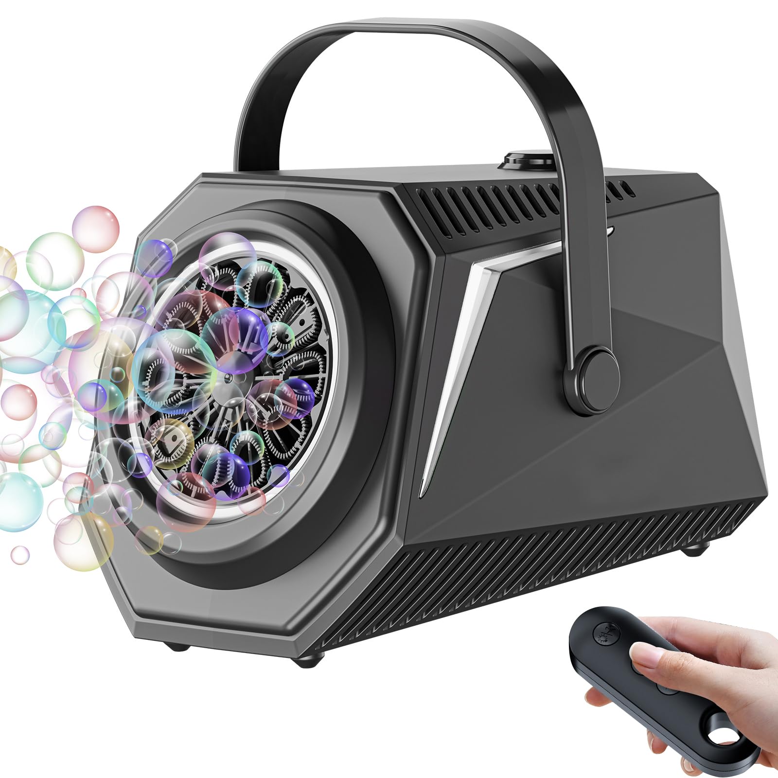Macchina per Bolle con Telecomando & Luci RGB, 1800mAh Batteria Ricaricabile USB-C, Automatica e Portatile per Bambini, Matrimoni, Feste di Compleanno, Natale (Nero)