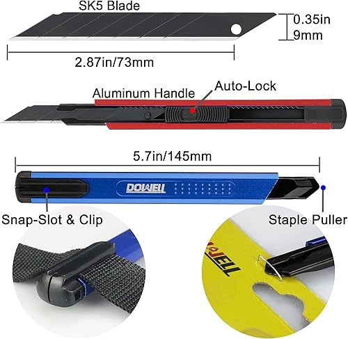 Miniatura 2 de DOWELL Cuchillo utilitario cortador retráctil hobby cuchillo 6 piezas con 20 piezas 0.354 in a presión cuchillas de aluminio resistente mango de
