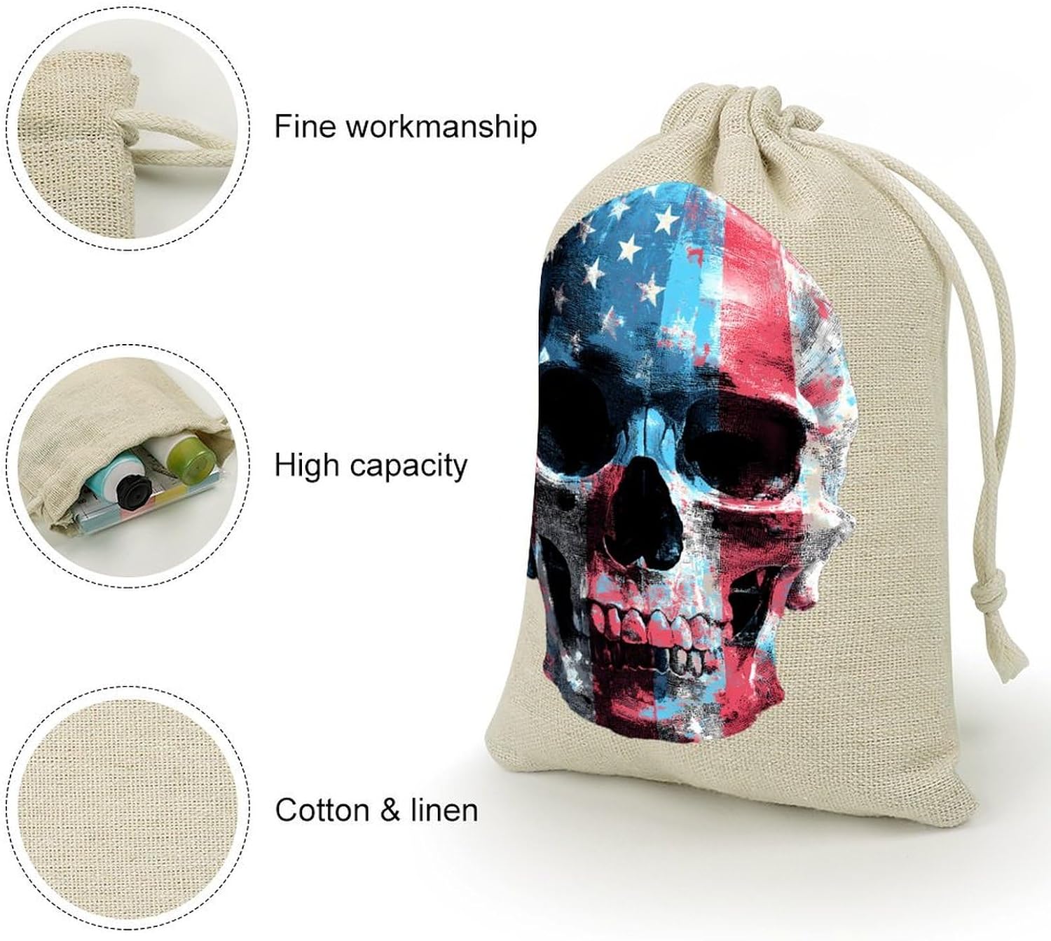 3d Skull U.S.A. Flag Drawstring Bags Cotton Linen Pack of 8 | Reusable Storage Gift Pouch Party Home Supplies