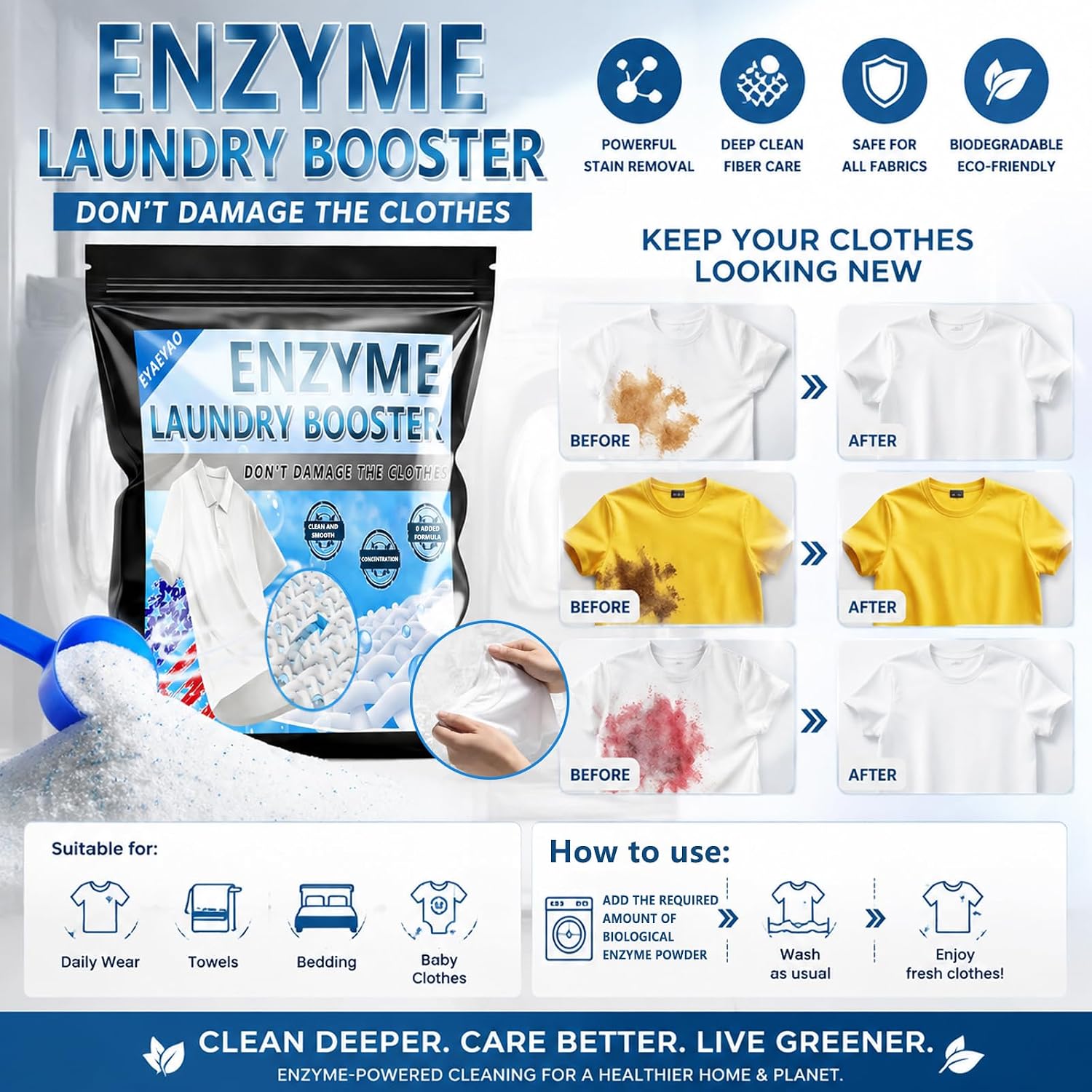 Bio Enzyme Laundry Booster Powder - Ultra-Concentrated Stain & Odor Remover for Whites & Colors | Oxygen Bleach Alternative | Non-Toxic, Biodegradable Formula | Works in All Washing Machines (16 oz) image 2