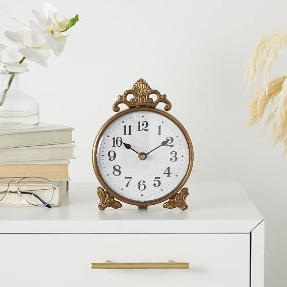 Deco 79 Metal Scroll Decorative Clock Antique Style Mantel Clock, Tabletop Clock 6 x 2 x 9, Gold