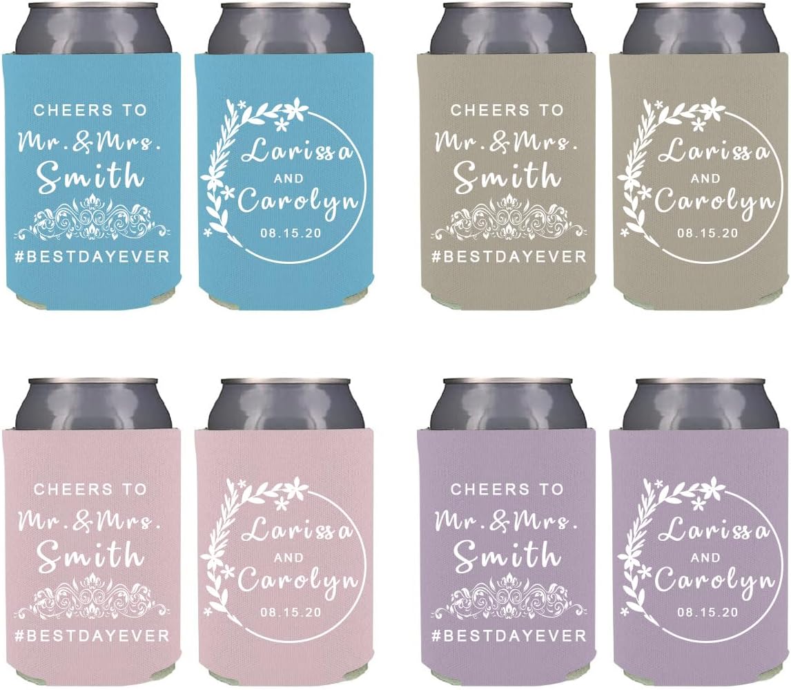 Custom Initial Wreath Family Name & Date Neoprene Can Coolers Personalized Can Coolie for Wedding Favors,100-Pack