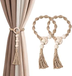 Macrame Curtain Tiebacks with Wooden Beads, Jute Rope Boho Holdbacks with Tassels, Natural Beige, 2-Pcs