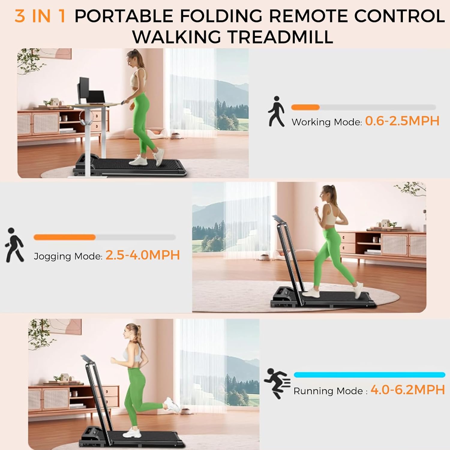 Three illustrations demonstrating the ApexNexus Walking Pad Treadmill's modes: Working Mode (0.6-2.5 MPH), Jogging Mode (2.5-4.0 MPH), and Running Mode (4.0-6.2 MPH), showcasing its adaptability.