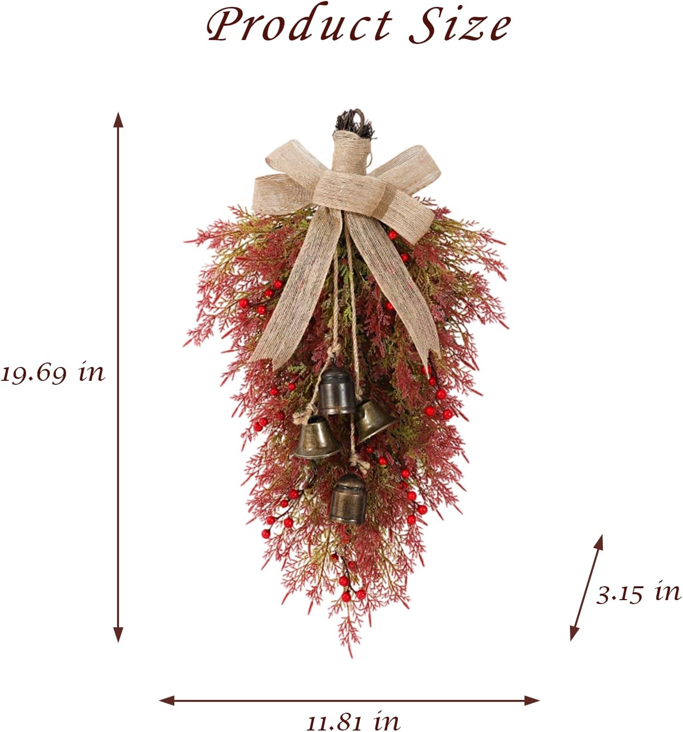 Artificial Christmas Teardrop Swags, Greenery Cedar Teardrop Wreath with Burlap Bowknot, Vintage Bells and Red Berries, Faux Hanging Teardrop Wreath for Front Door Home Wall Holiday Xmas Decor (Red)