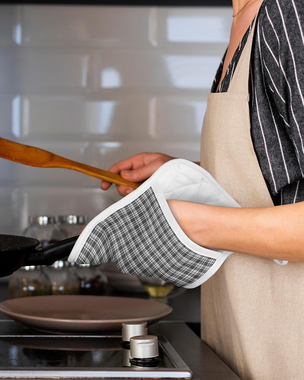 5 Pack Pot Holder with Pocket, Minimalist Black and Gray Check Kitchen Potholders Heat Proof Non Slip Pot Holders Sets, Hot Pads Potholder for Cooking Baking BBQ