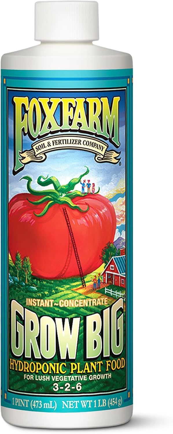FoxFarm Grow Big Hydro Liquid Fertilizer, Plant Food with Micro Nutrients for Hydroponic Systems – Enhances Vegetative Growth, Flowering, and Fruiting – pH Adjustable, NPK 3-2-6 (Pint)