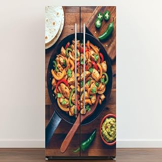 Self Adhesive Vinyl Refrigerator Wrap Fajitas de Pollo Chicken marinated Tortillas Onions Peppers Door Mural Sticker Peel and Stick Removable Door Cover Fridge Wrap Decal for Kitchen Decor