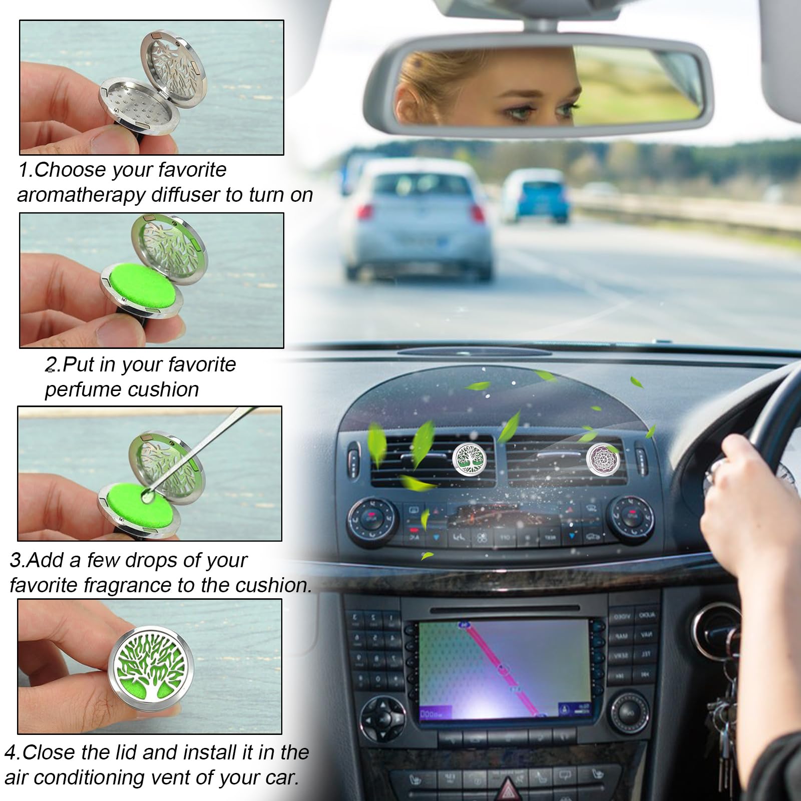 Diffusore di Oli Essenziali per Auto in Acciaio Inossidabile con 20 Feltrini Lavabili - Aromaterapia