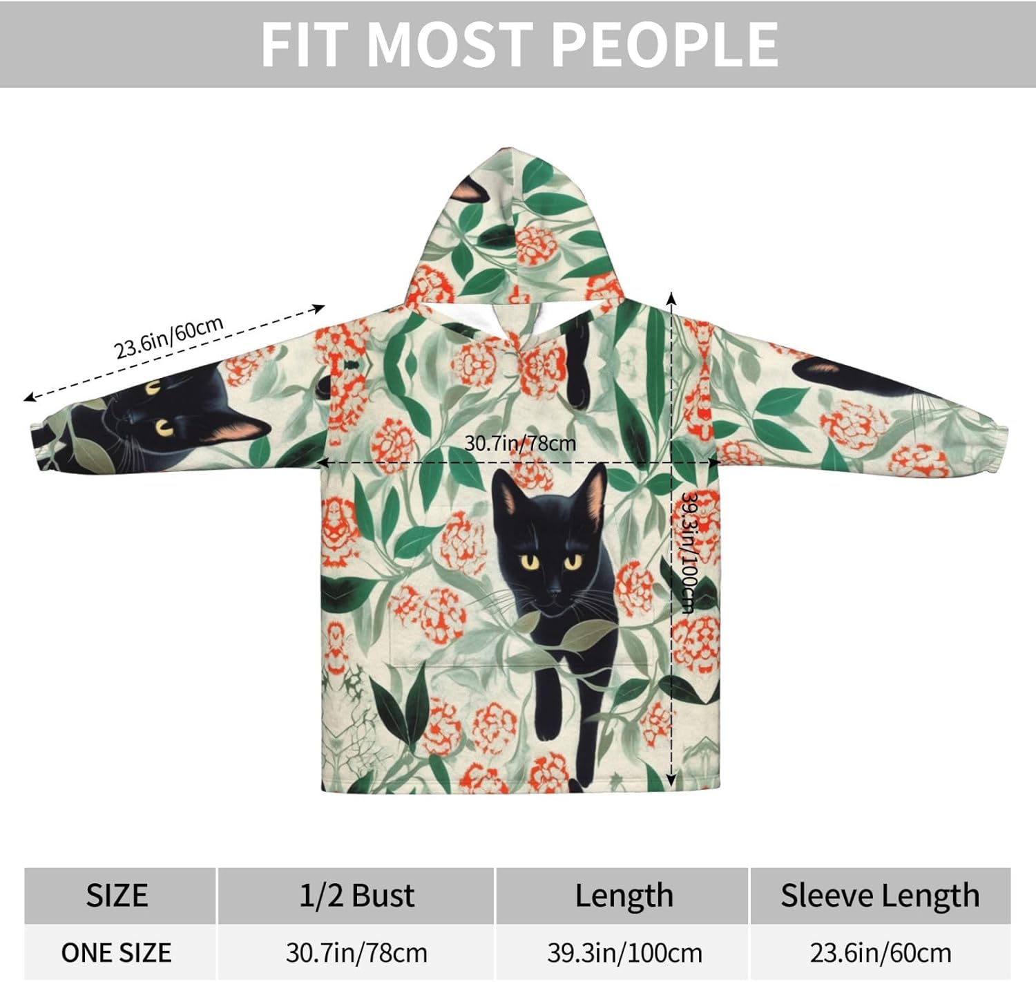 Cartoon Cat Print Cozy Oversized Blanket Hoodie Soft And Warm Wearable For Winter And Christmas