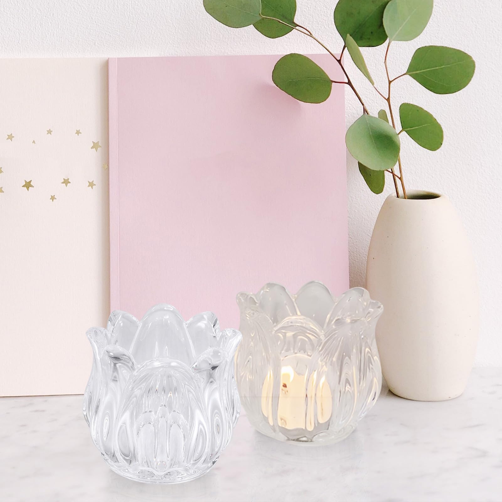 Portavelas de Cristal Transparente Pack de 6 Unidades Forma de Flor para Ambiente Romántico en Cenas y Fiestas para Ambiente Elegante