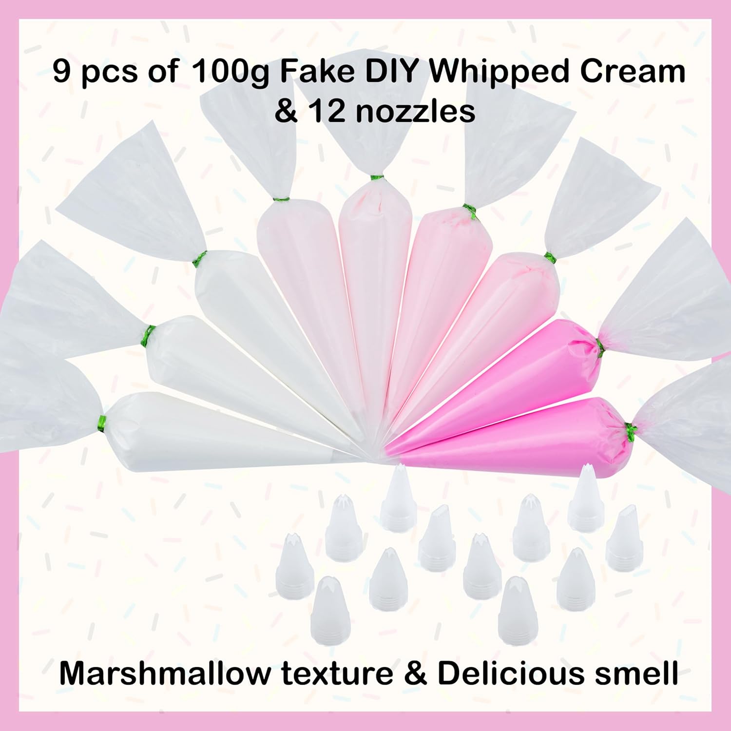 Decoden Cream Large 9PCS Premium Texture Fake Whipped Cream Glue, Decoden Kit, Fake Icing Frosting Whipped Clay with Piping Bags for Crafts and DIY Projects (White & Pinks Set)