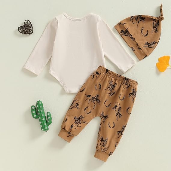 Chloefairy Western Baby Boy Clothes Fall My First Rodeo Outfit Long Sleeve Romper Pants Set Hat 3Pcs Newborn Cowboy Outfits