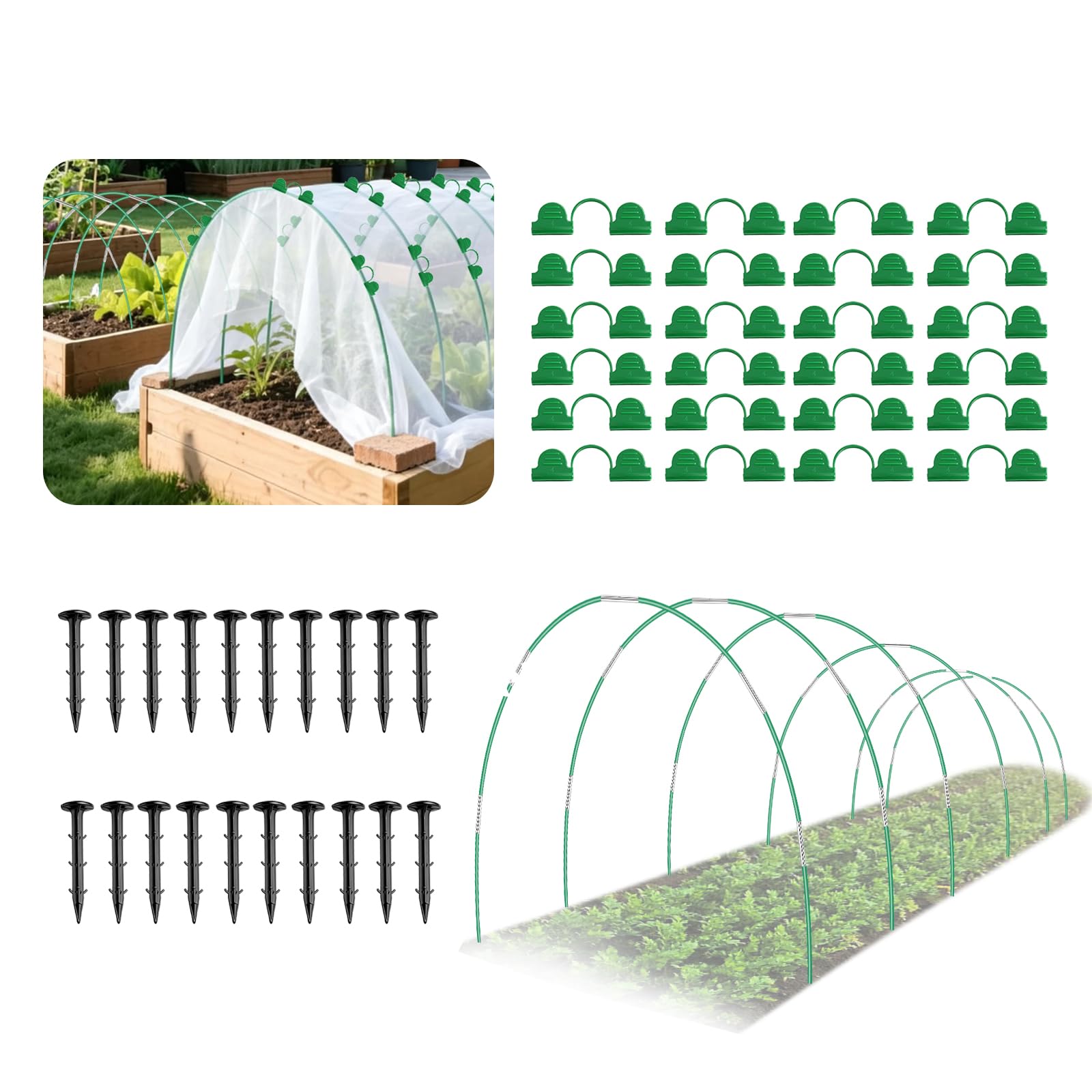 DINGIXOC 60pcs Greenhouse Hoops for Raised Beds 40pcs Clips, 2.4M Garden Hoops Stakes Grow Tunnel for Row Cover Netting