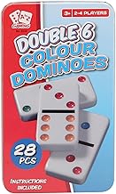 Double 6 Colour Dominoes Set, 28 Pieces, 2-4 Players, Ages 3+, with Storage Tin, Red, Blue, Green, Orange