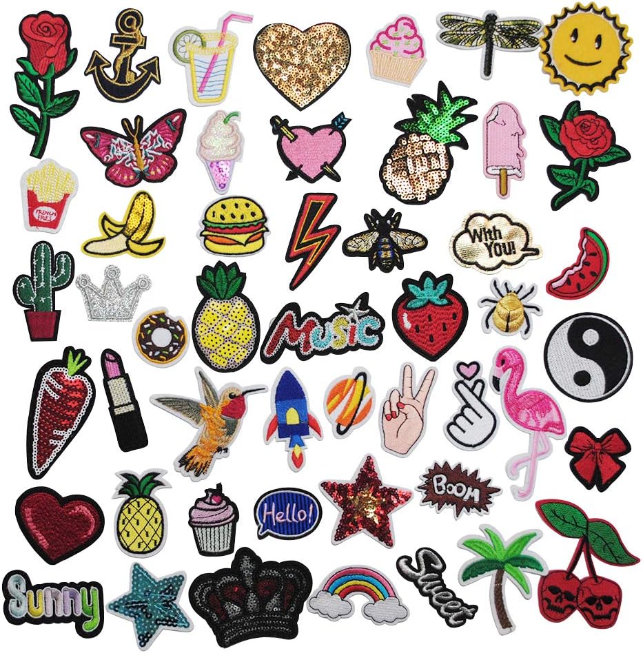 Mix Lots Bulk 50pcs Iron on Patches sew on Patches Craft Embroidery Patch Motif Clothes Jackets Hats Backpacks Jeans Kids Butterfly Hearts (Mix, from 1" to 3")