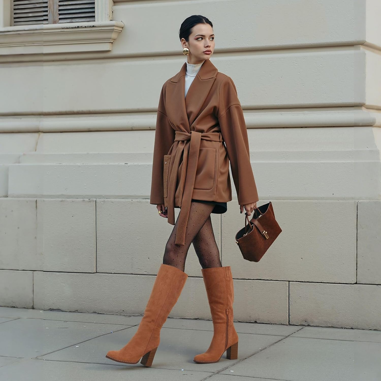 Erocalli Knee High Boots Women Fall Chunky Block High Heel Tall Long Fashion Boot Round Toe Side Zipper